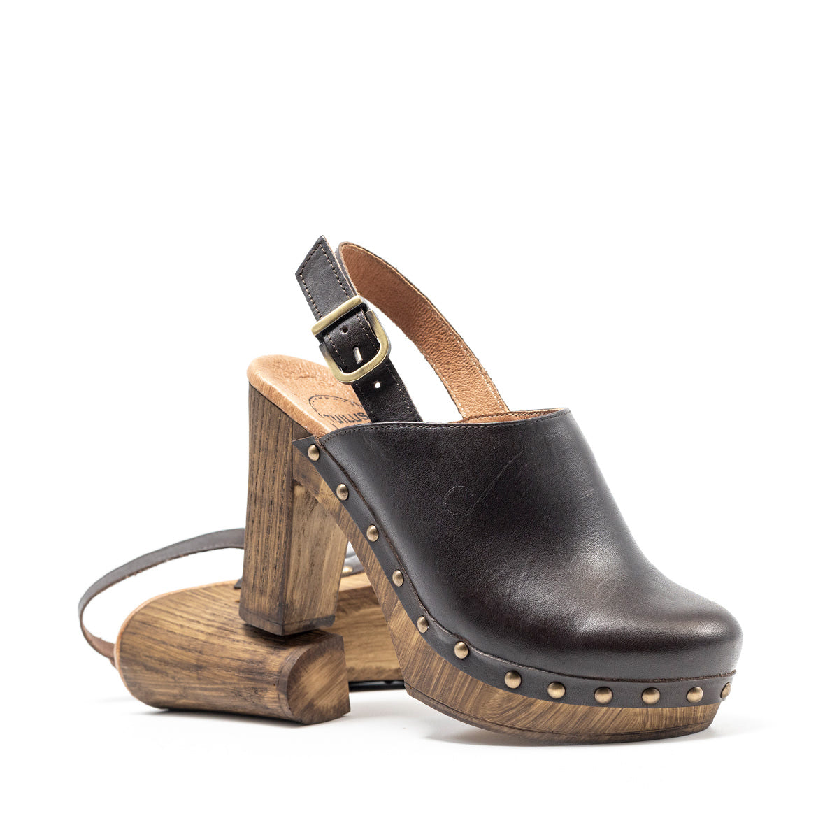 Zueco Comillas Tira Piel Chocolate Tuilus
