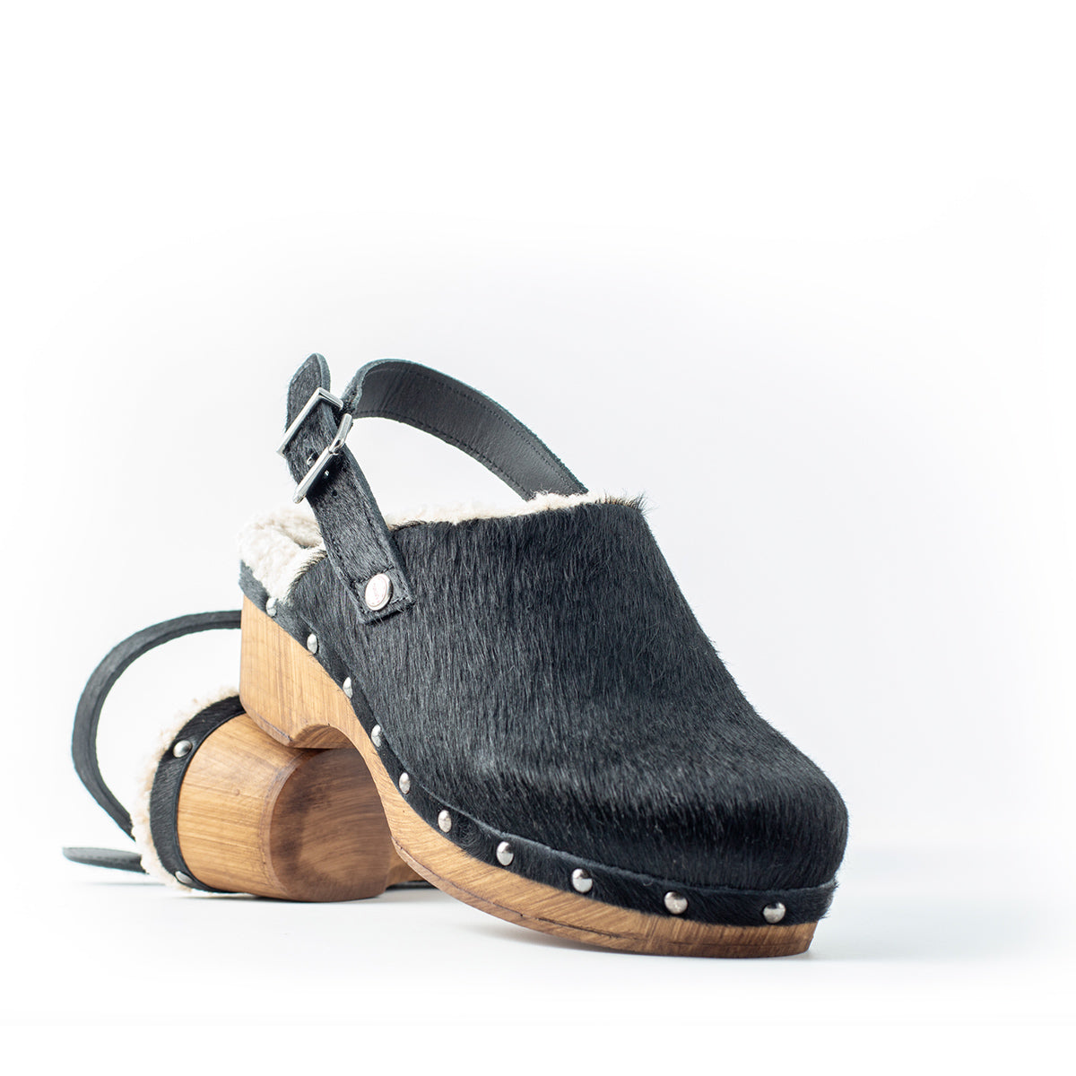 Black Strip and Fur Bologna Clog